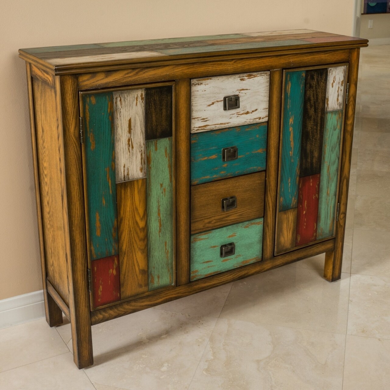GDF Studio Delaney Antique Multicolor Distressed Wood Storage Cabinet